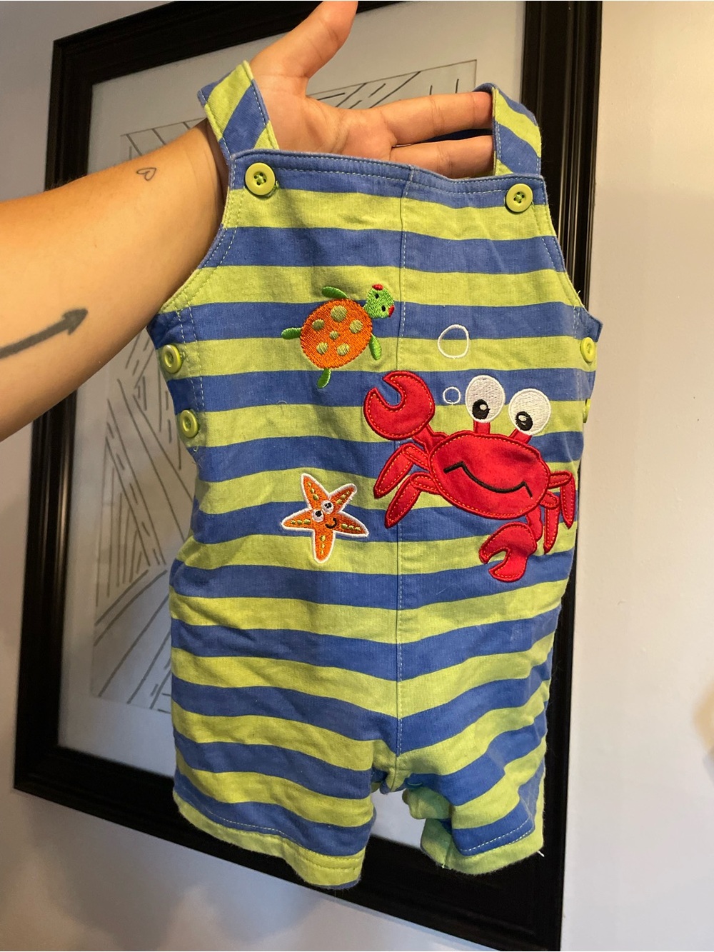 3/$30 Striped Blue & Lime Crab Applique Baby Shortalls